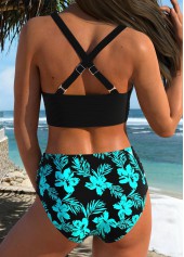 Mid Waisted Floral Print Surplice Cyan Bikini Set