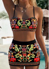 High Waisted Tribal Print Patchwork Black Bikini Set