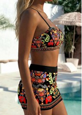 High Waisted Tribal Print Patchwork Black Bikini Set