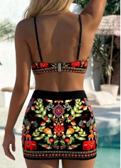 High Waisted Tribal Print Patchwork Black Bikini Set