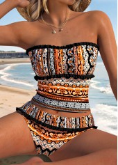 Mid Waisted Tribal Print Patchwork Orange Tankini Set