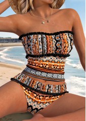 Mid Waisted Tribal Print Patchwork Orange Tankini Set