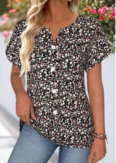 Ditsy Floral Print Tummy Coverage Black Short Sleeve Blouse
