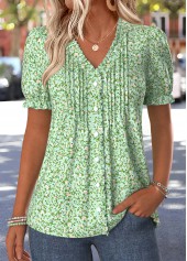 Ditsy Floral Print Tuck Stitch Light Green T Shirt