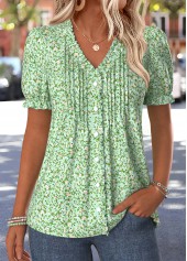 Ditsy Floral Print Tuck Stitch Light Green T Shirt