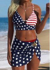 Mid Waisted Flag Print Three-piece Multi Color Bikini Set