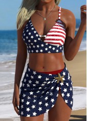 Mid Waisted Flag Print Three-piece Multi Color Bikini Set