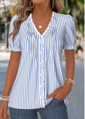 Striped Frill Dusty Blue Short Sleeve T Shirt