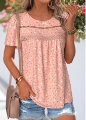 Floral Print Patchwork Light Pink Short Sleeve T Shirt