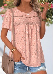 Floral Print Patchwork Light Pink Short Sleeve T Shirt