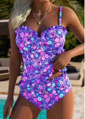Mid Waisted Ditsy Floral Print Frill Purple Tankini Set