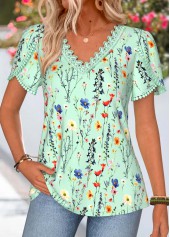 Floral Print Tummy Coverage Green Short Sleeve T Shirt
