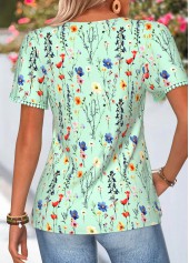 Floral Print Tummy Coverage Green Short Sleeve T Shirt