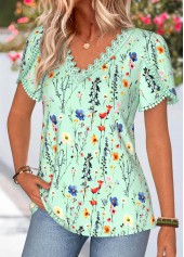 Floral Print Tummy Coverage Green Short Sleeve T Shirt