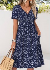 Heart Print Twist Navy Short Sleeve V Neck Dress