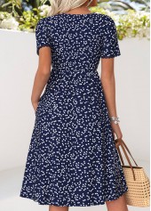 Heart Print Twist Navy Short Sleeve V Neck Dress