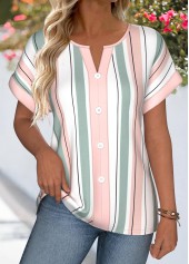 Striped Tummy Coverage Multi Color Short Sleeve Blouse