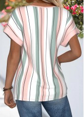 Striped Tummy Coverage Multi Color Short Sleeve Blouse