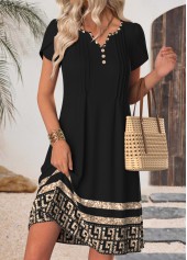 Tribal Print Tuck Stitch Black Short Split Neck Dress