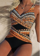 Tribal Print Surplice Black One Piece Swimwear