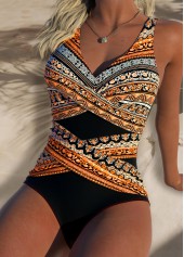 Tribal Print Surplice Black One Piece Swimwear