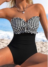 Gingham Print Cut Out Black One Piece Swimwear
