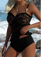 Mid Waisted Frill Black Tankini Set