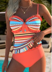 Mid Waisted Multi Stripe Print Frill Orange Tankini Set