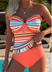 Mid Waisted Multi Stripe Print Frill Orange Tankini Set