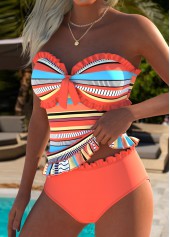 Mid Waisted Multi Stripe Print Frill Orange Tankini Set