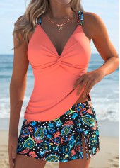 Mid Waisted Tribal Print Surplice Coral Tankini Set