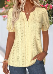 Curved Hem Light Yellow Short Sleeve Split Neck Blouse