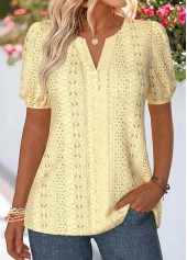 Curved Hem Light Yellow Short Sleeve Split Neck Blouse