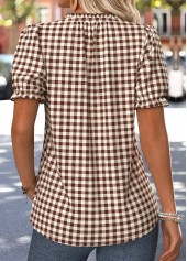 Plaid Frill Dark Coffee Short Sleeve T Shirt