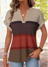 Striped Multi Color Short Sleeve Split Neck T Shirt