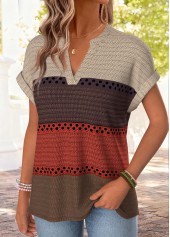 Striped Multi Color Short Sleeve Split Neck T Shirt