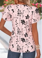 Floral Print Tummy Coverage Light Pink Short Sleeve T Shirt