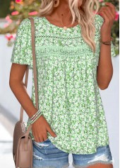 Ditsy Floral Print Curved Hem Light Green T Shirt