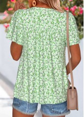 Ditsy Floral Print Curved Hem Light Green T Shirt