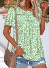Ditsy Floral Print Curved Hem Light Green T Shirt