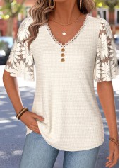 Curved Hem Beige Half Sleeve V Neck T Shirt