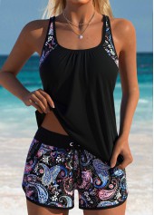 Mid Waisted Tribal Print Patchwork Black Tankini Set