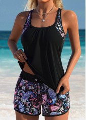 Mid Waisted Tribal Print Patchwork Black Tankini Set