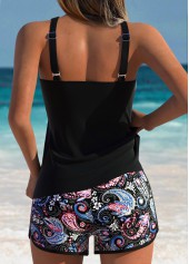 Mid Waisted Tribal Print Patchwork Black Tankini Set
