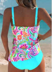 Mid Waisted Floral Print Surplice Cyan Tankini Set