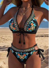 Low Waisted Random Floral Print Lace Up Bikini Set