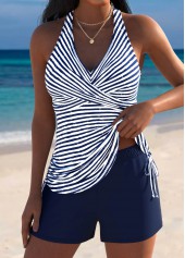 Mid Waisted Striped Surplice Navy Tankini Set