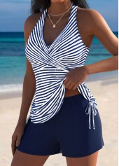 Mid Waisted Striped Surplice Navy Tankini Set