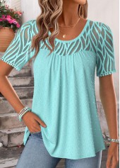 Patchwork Cyan Short Sleeve Scoop Neck T Shirt
