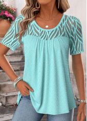Patchwork Cyan Short Sleeve Scoop Neck T Shirt